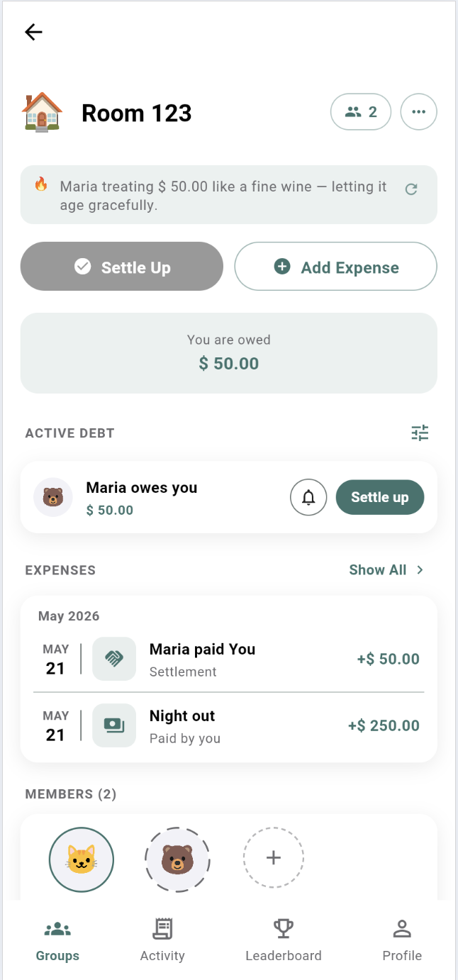 DoSplit group detail screen showing settle up, expenses, and members for Room 123