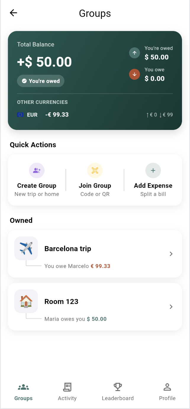 DoSplit Groups tab showing the total balance, quick actions, and group list